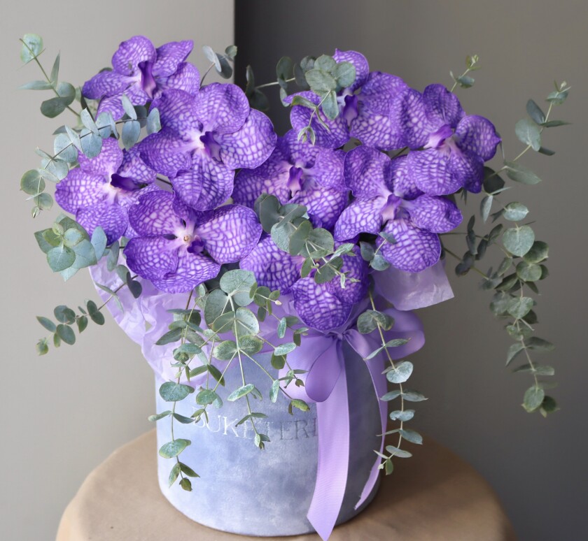 Nine purple vanda orchids in a decorative box