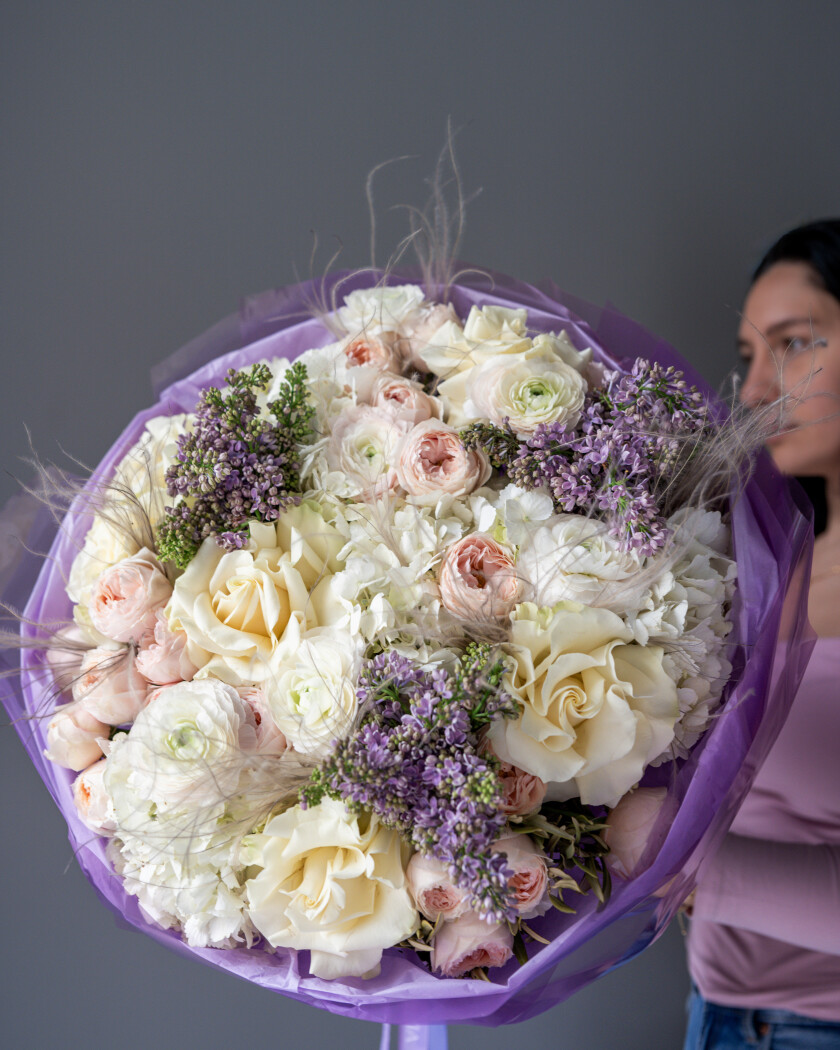 Four white hydrangeas with lavender lilacs and blush roses