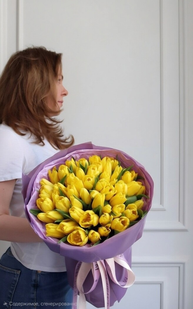 Yellow tulips with baby blue eucalyptus and pink ribbon