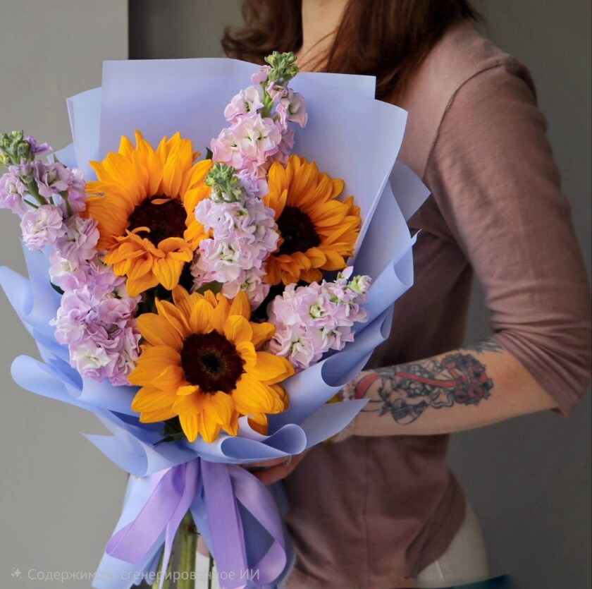 Lavender stocks with yellow sunflowers
