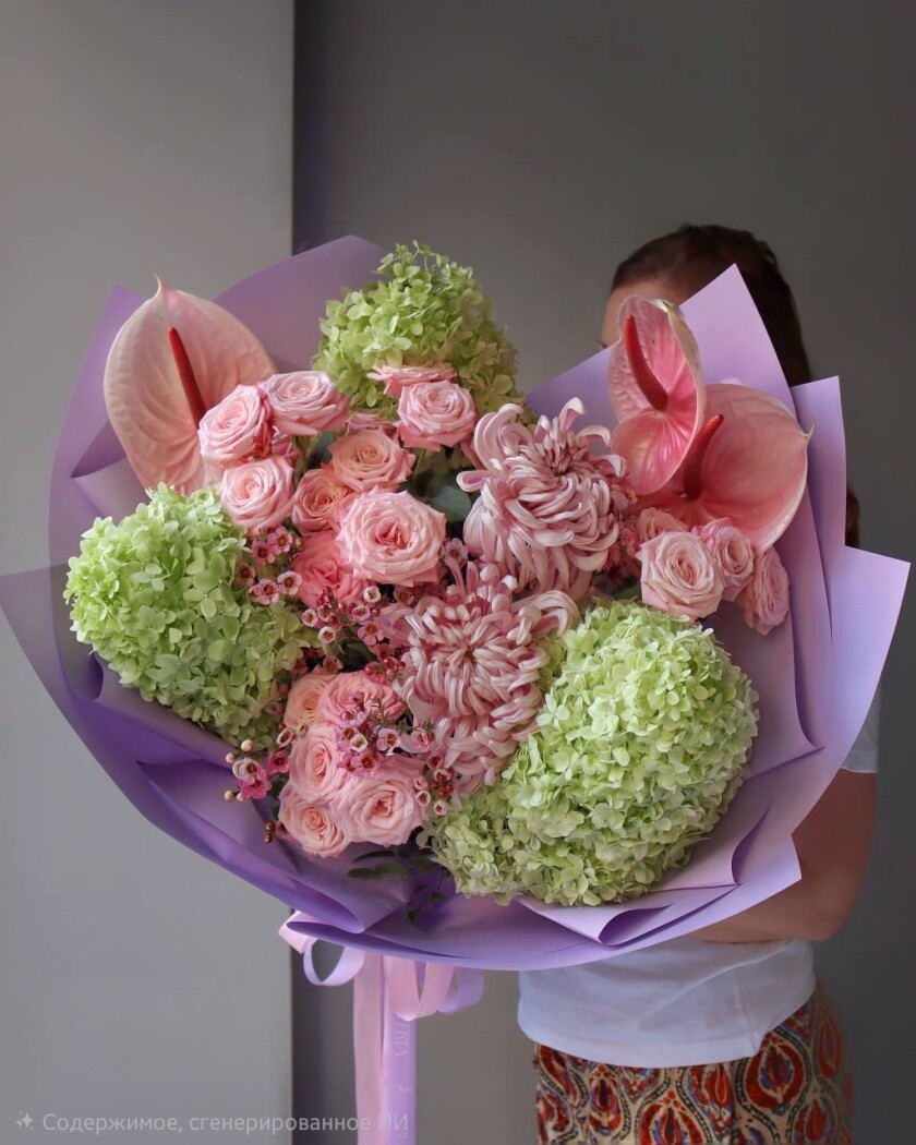 Mixed bouquet of green hydrangeas and blush spray roses