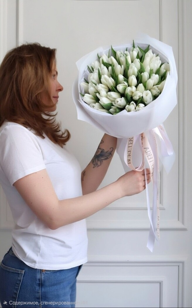 Fifty-one white tulips with baby blue eucalyptus