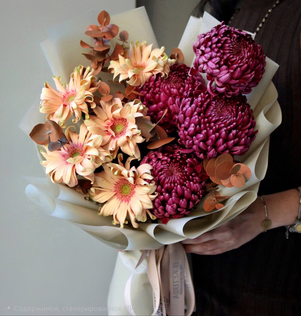 Peach gerberas and burgundy chrysanthemums
