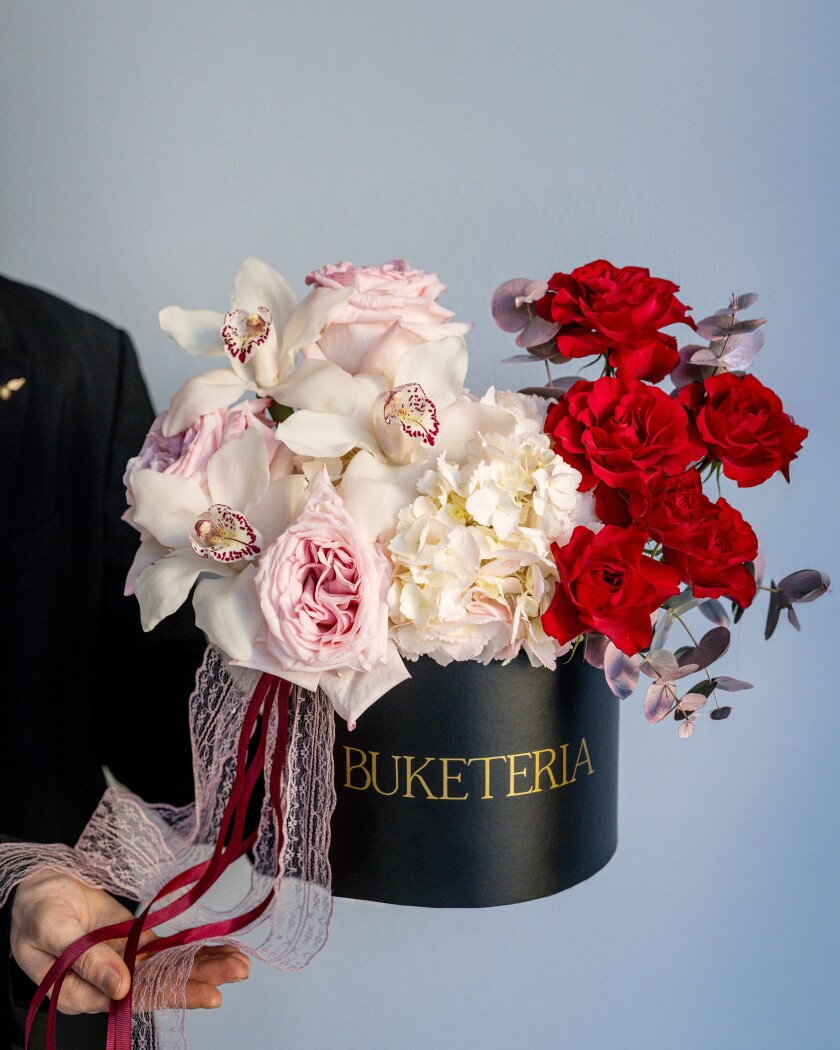 Decorative composition of light pink garden roses and cream cymbidium orchids