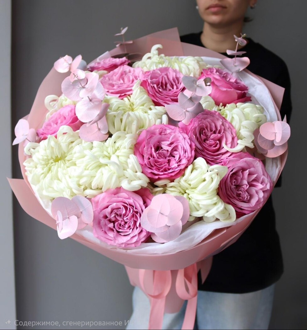 Seven white pompon chrysanthemums and nine blush garden roses