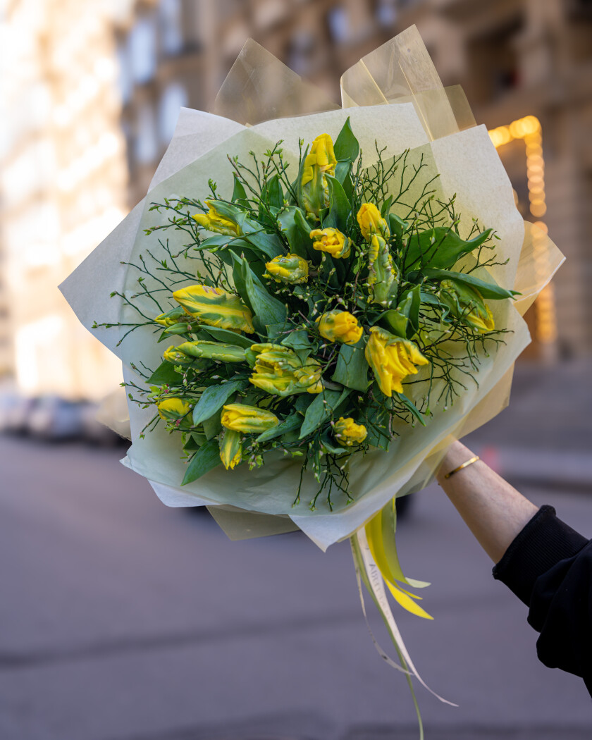 Spring bouquet of yellow tulips