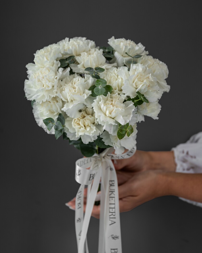 Fifteen white carnations with silver dollar eucalyptus