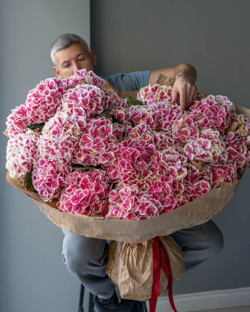 Pink hydrangea mono bouquet in kraft paper