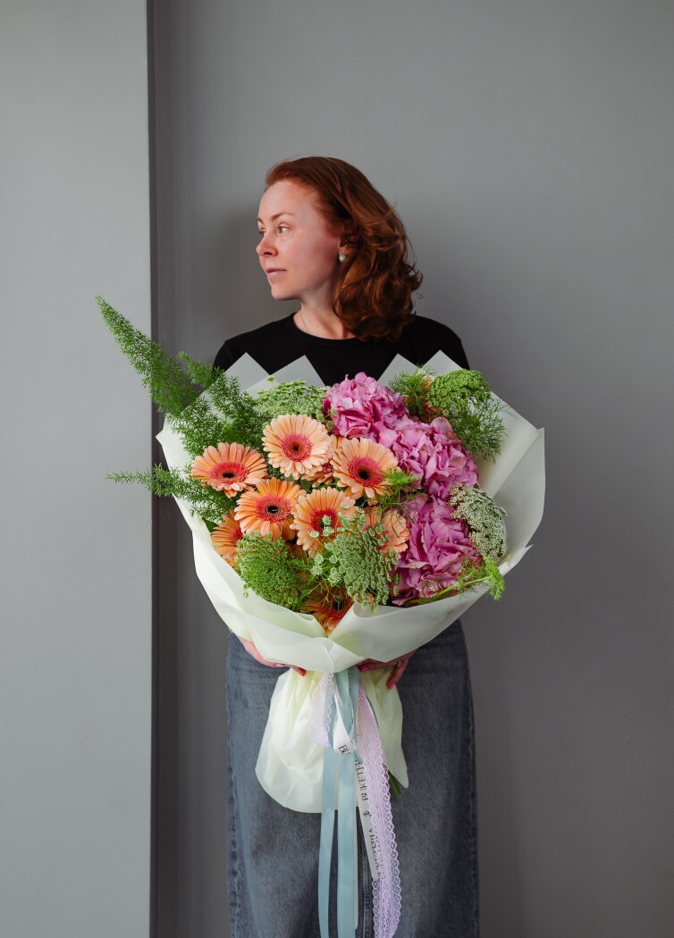 Peach gerberas with pink hydrangeas