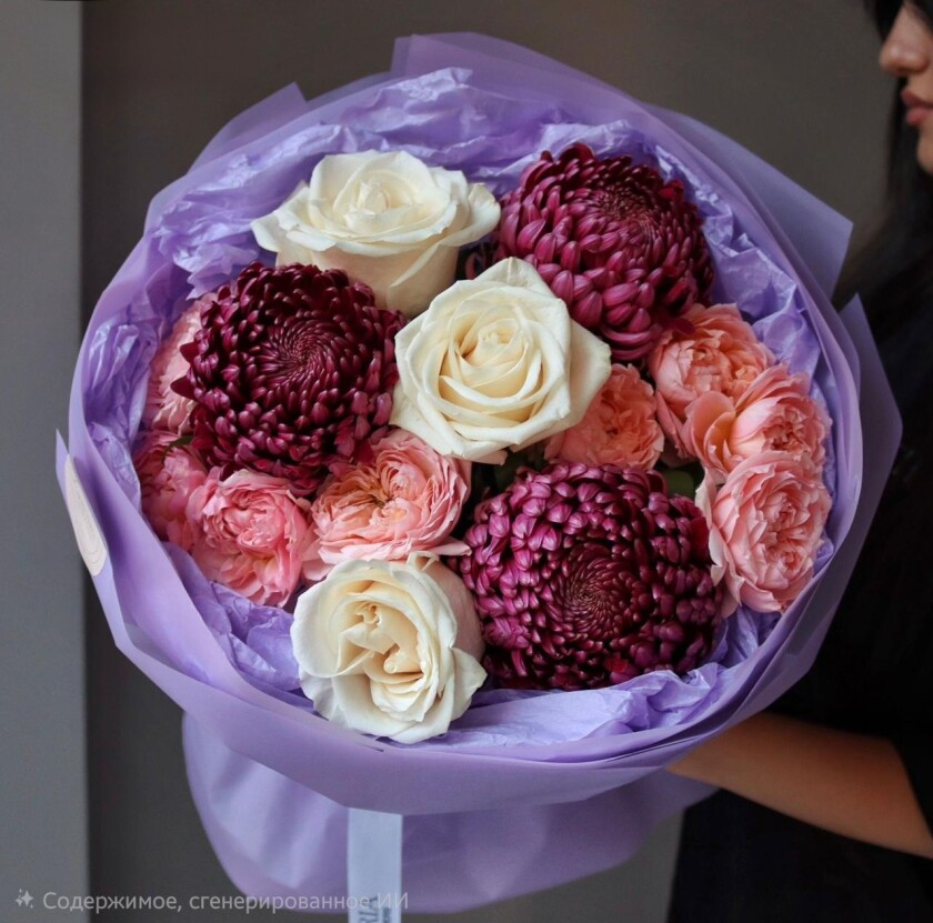 Burgundy chrysanthemums and peach roses with blush hybrid tea roses