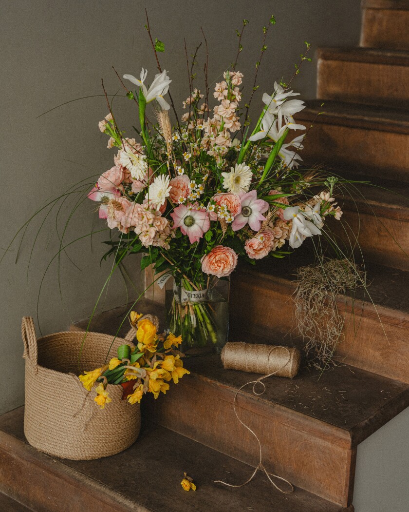 Spring bouquet of white dutch irises and pink anemones