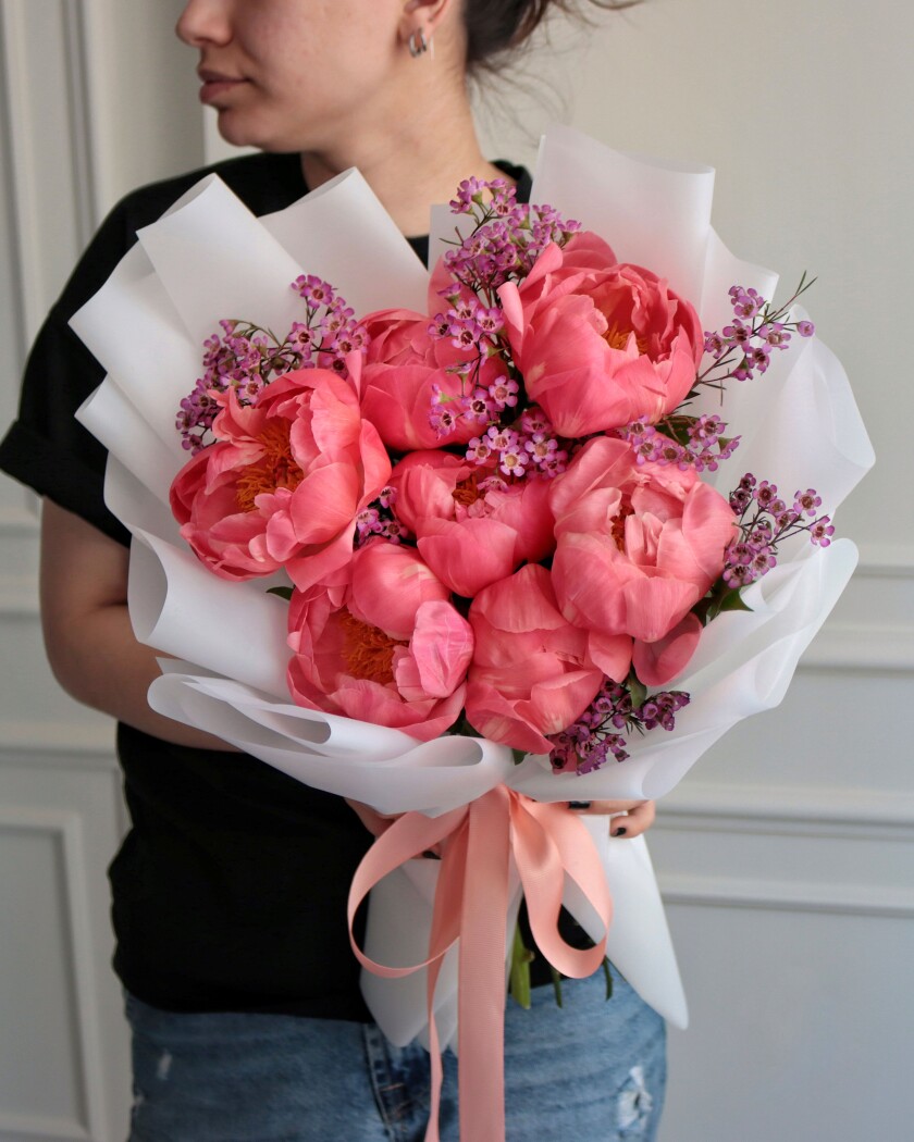 Seven coral peonies in waterproof paper