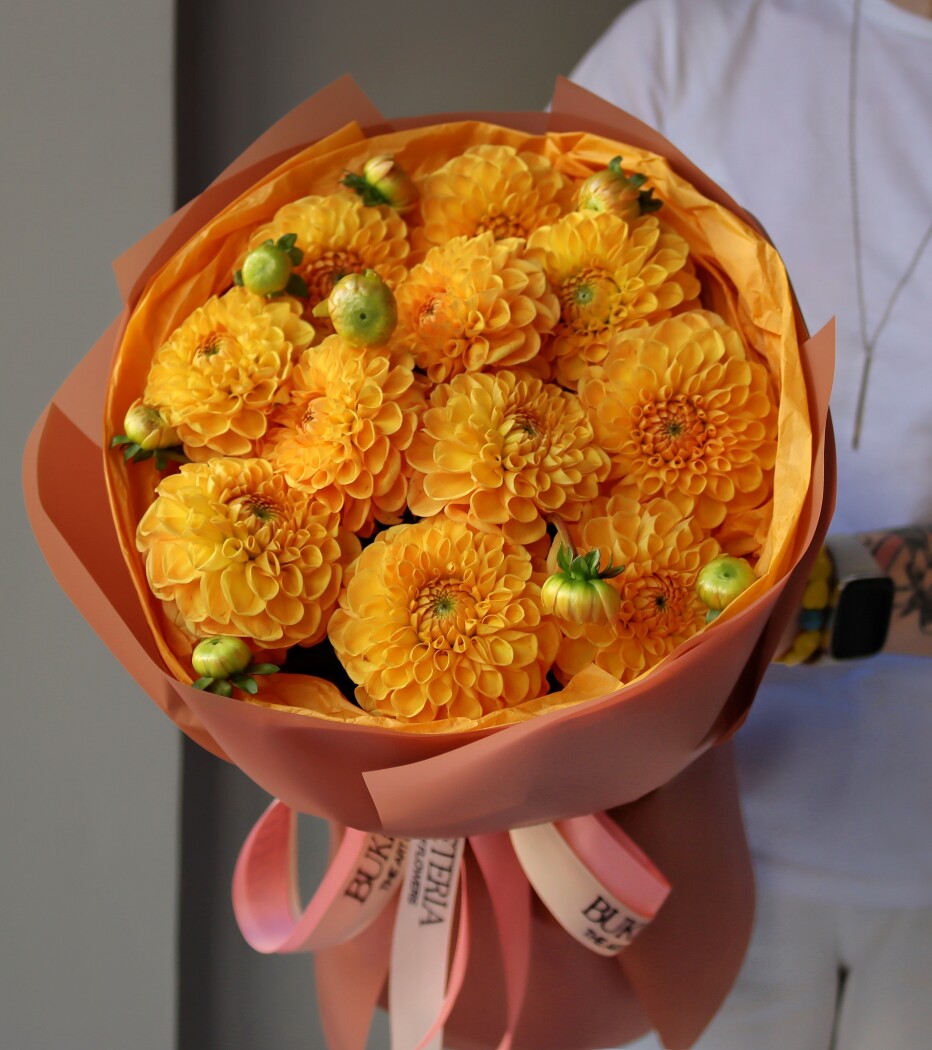 Eleven orange ball dahlias with pink ribbon