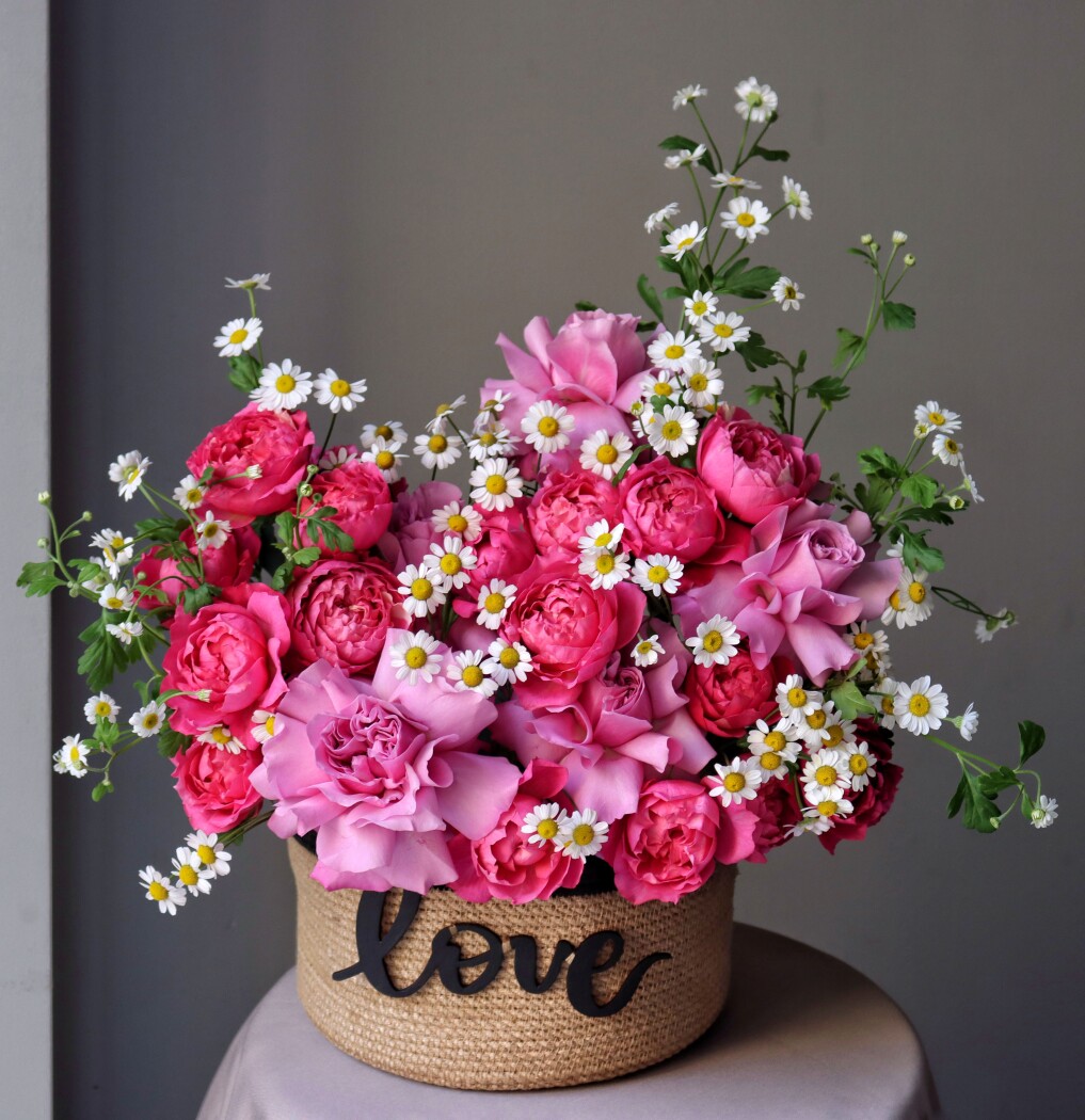 Light pink and hot pink roses in a pot