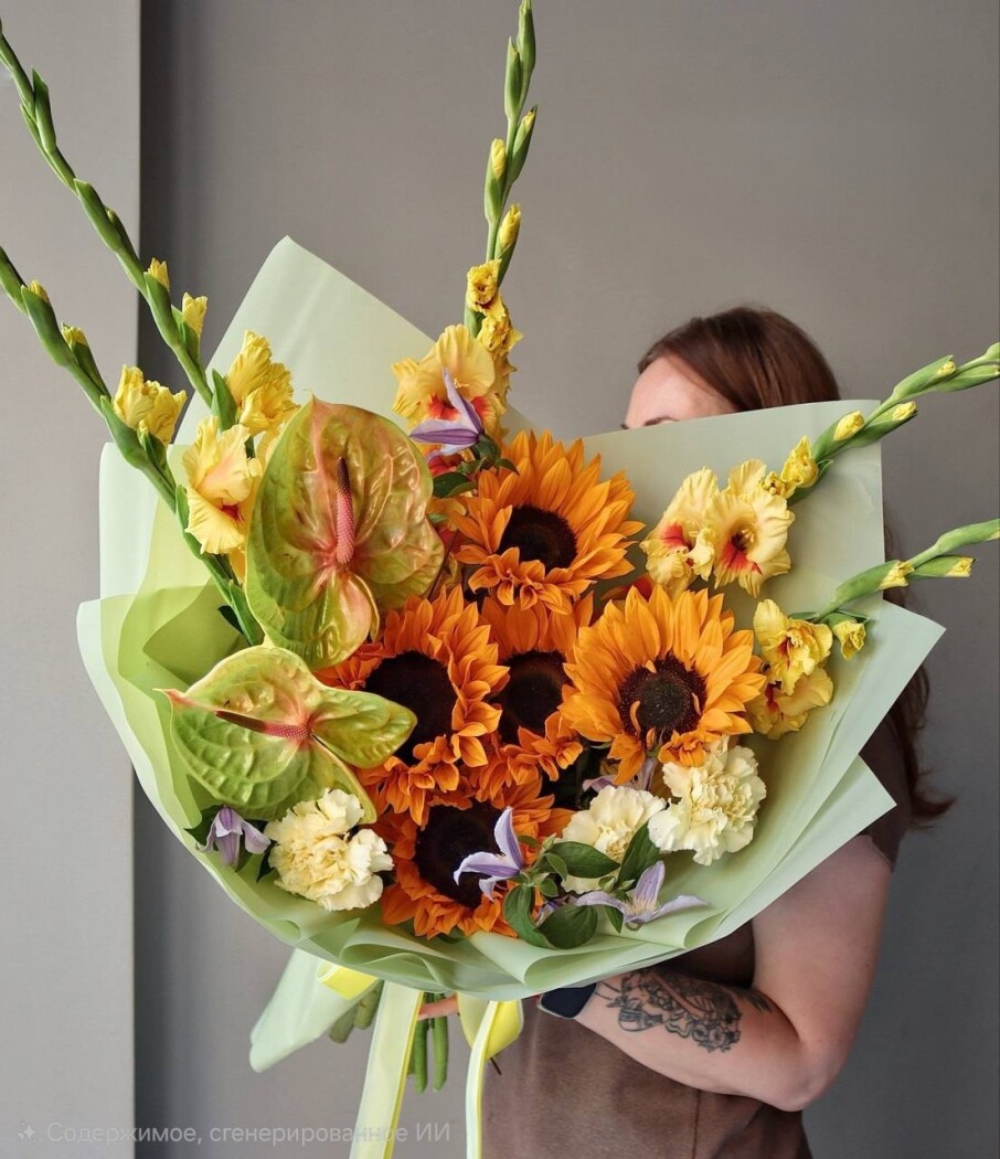 Five light yellow gladiolus and orange sunflowers
