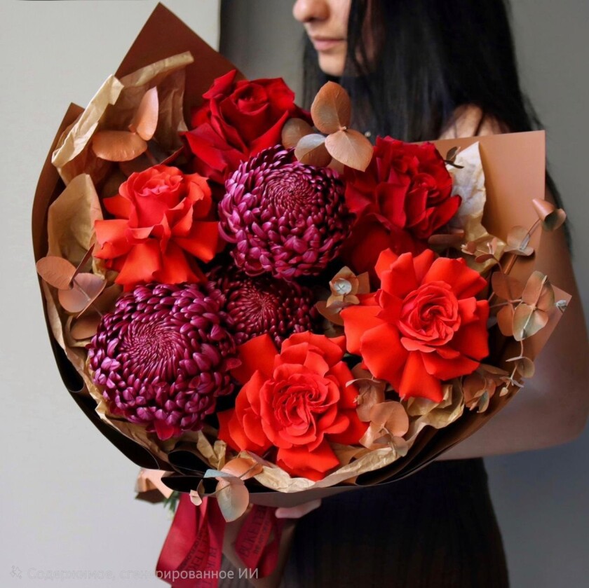 Five red hybrid tea roses with three burgundy chrysanthemums