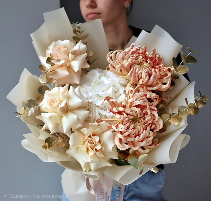 White hydrangea with cream garden roses and orange chrysanthemums