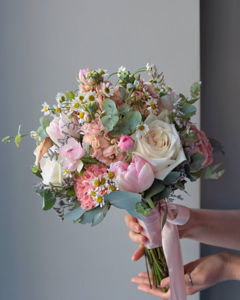 Five light pink tulips with dusty pink spray roses