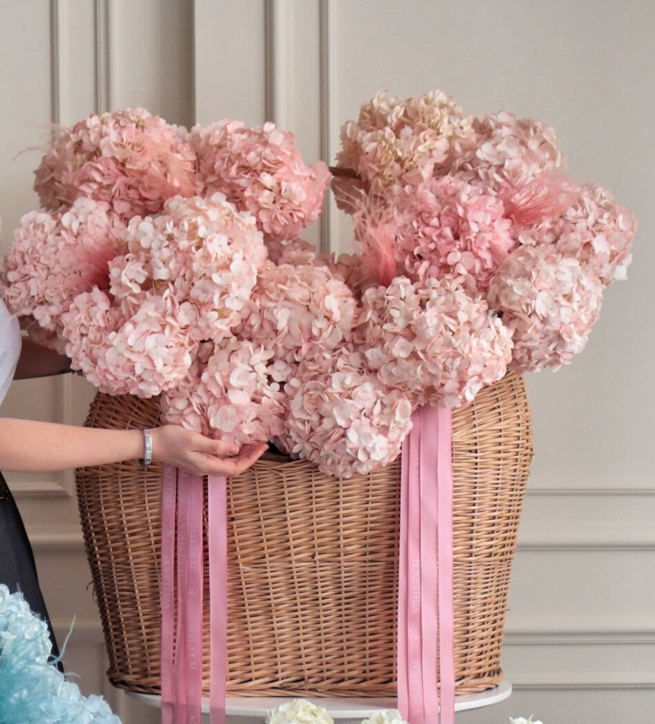 Blush hydrangeas in a rustic basket
