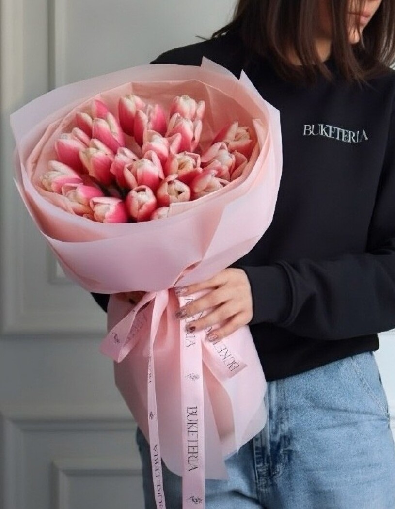 Twenty-one light pink tulips in waterproof paper