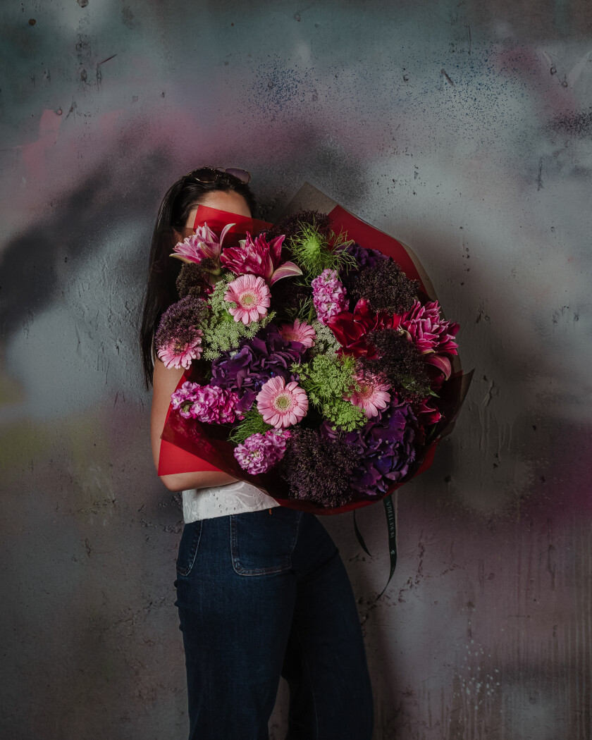 Lilac hydrangeas with pink gerberas and dusty pink stock