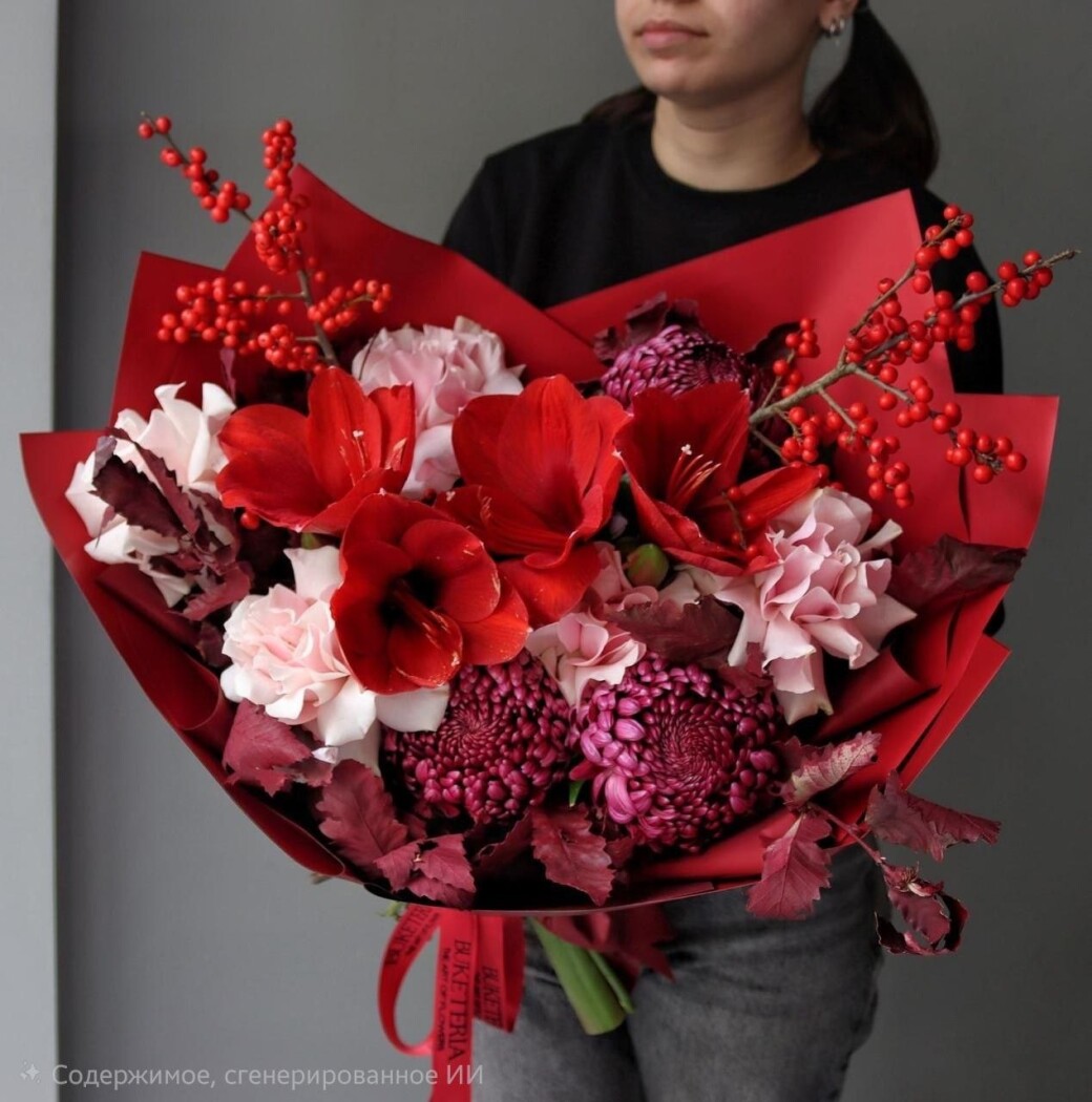 Red amaryllis with pink garden roses and burgundy chrysanthemums