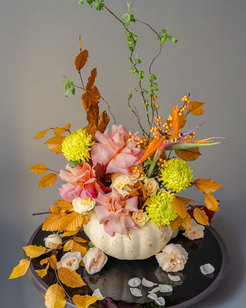 Peach garden roses with orange strelitzia and yellow chrysanthemums