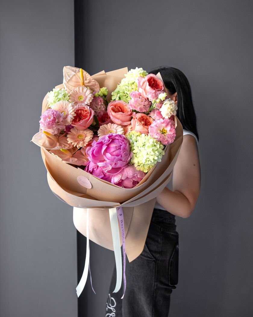Three green hydrangeas with dusty pink garden roses