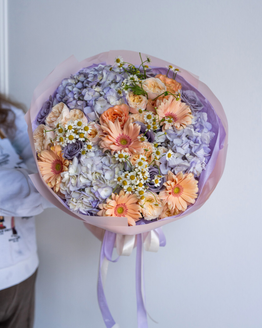 Six apricot garden roses with blush and coral spray roses