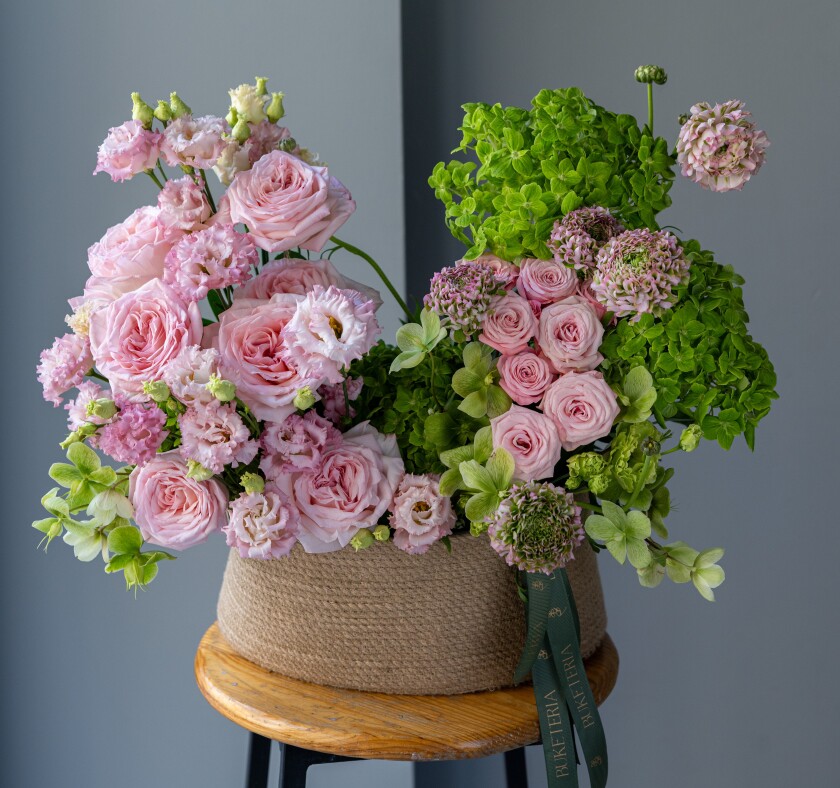 Four hydrangeas with blush ranunculus and light pink roses