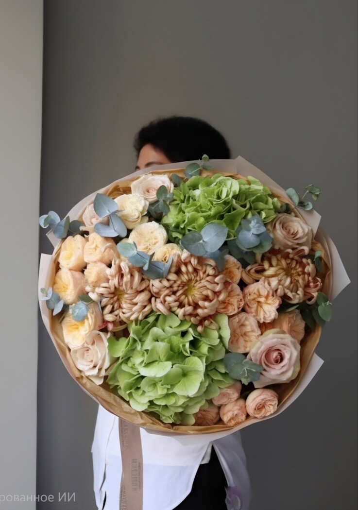 Mixed bouquet of peach spray roses and cream garden roses