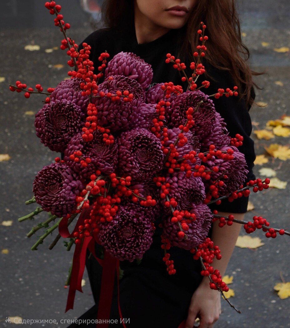 Burgundy chrysanthemums with red berries