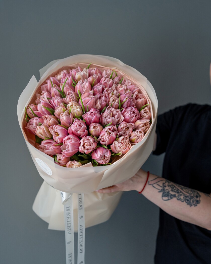 Mono bouquet of blush double tulips