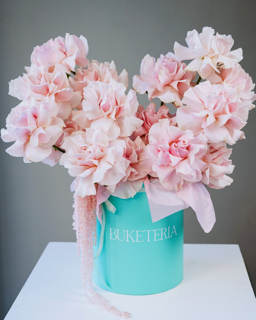 Fifteen light pink garden roses with pink amaranth