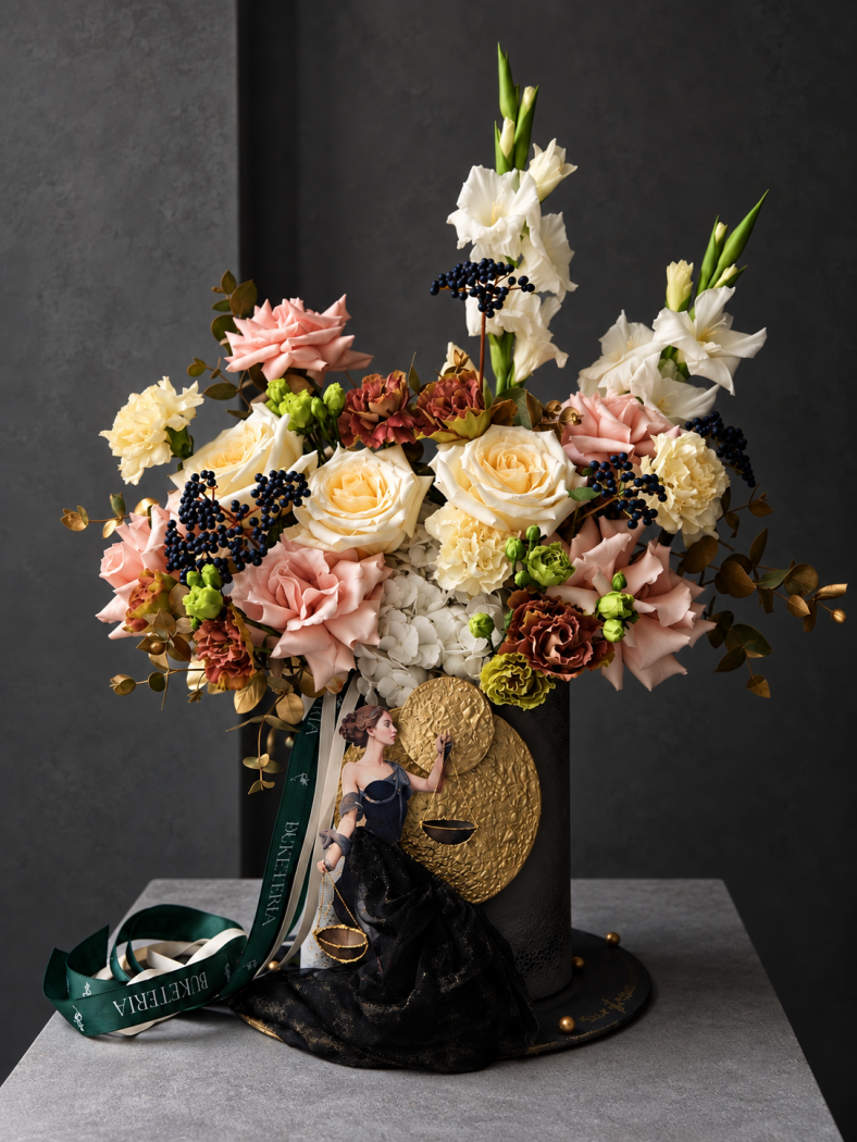 Dusty pink garden roses with light pink lisianthus and white gladiolus