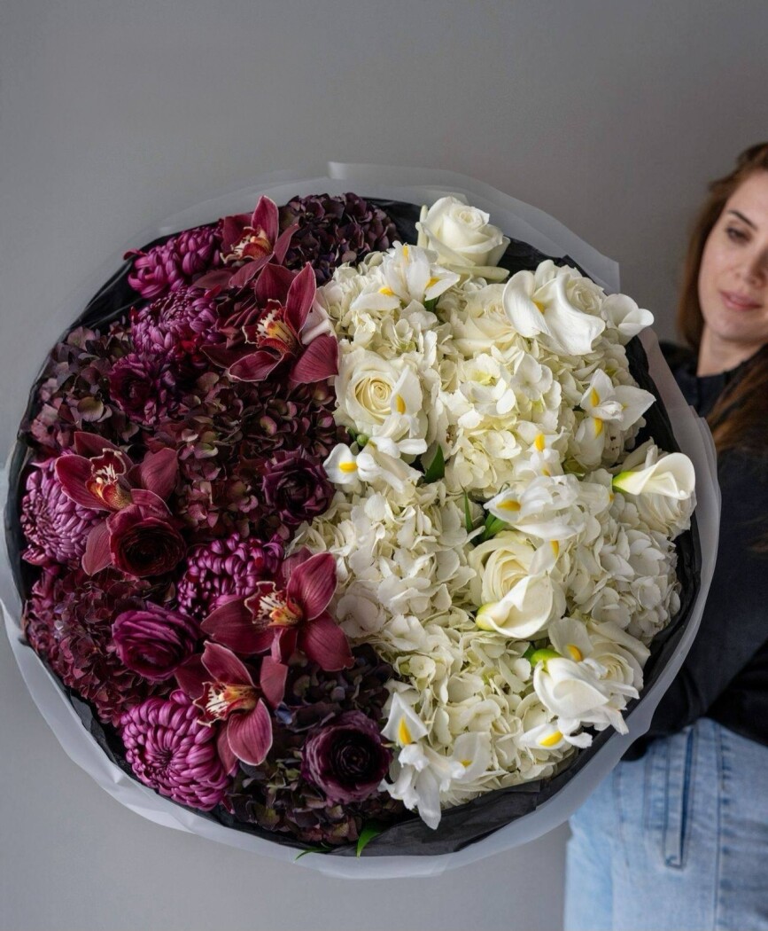 Cymbidium orchids and hydrangeas in burgundy and cream