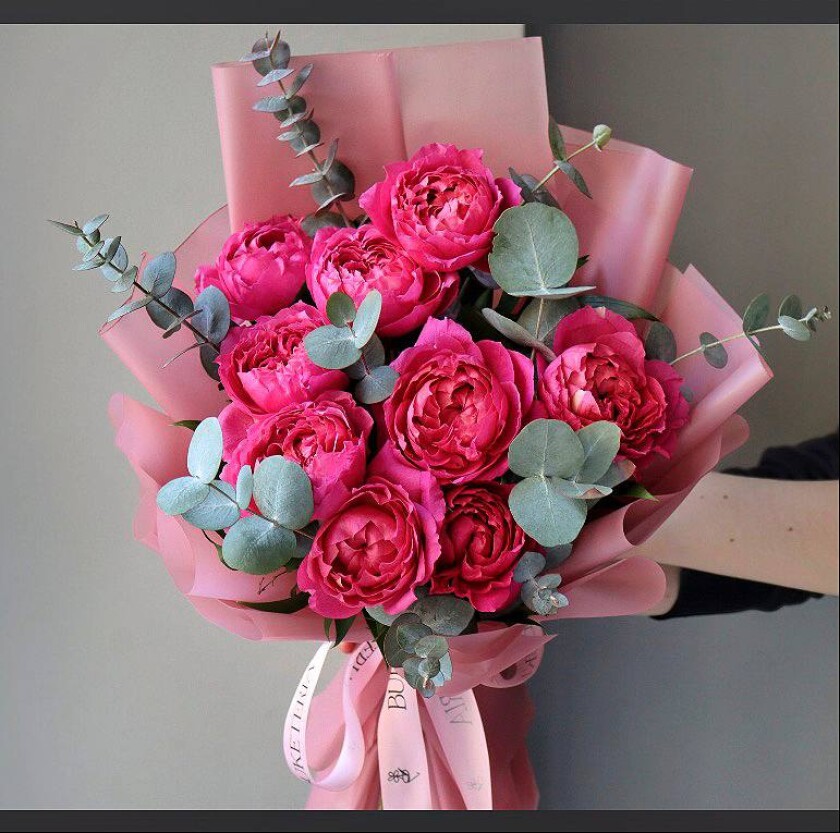 Three hot pink spray roses in waterproof paper