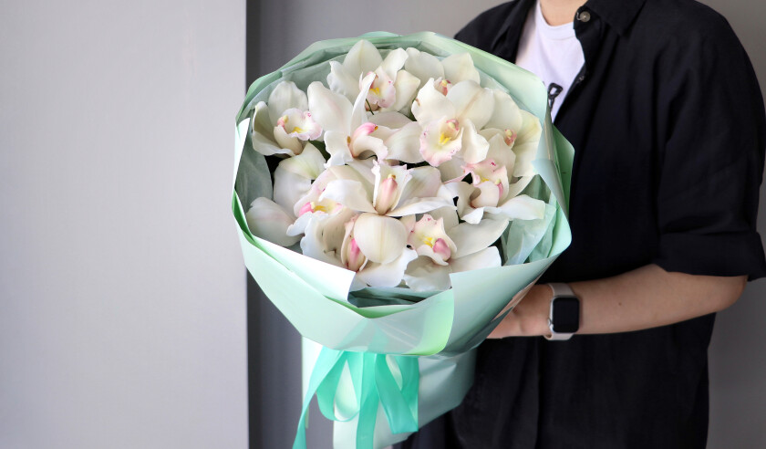 Eleven white and pink cymbidium orchids in waterproof paper