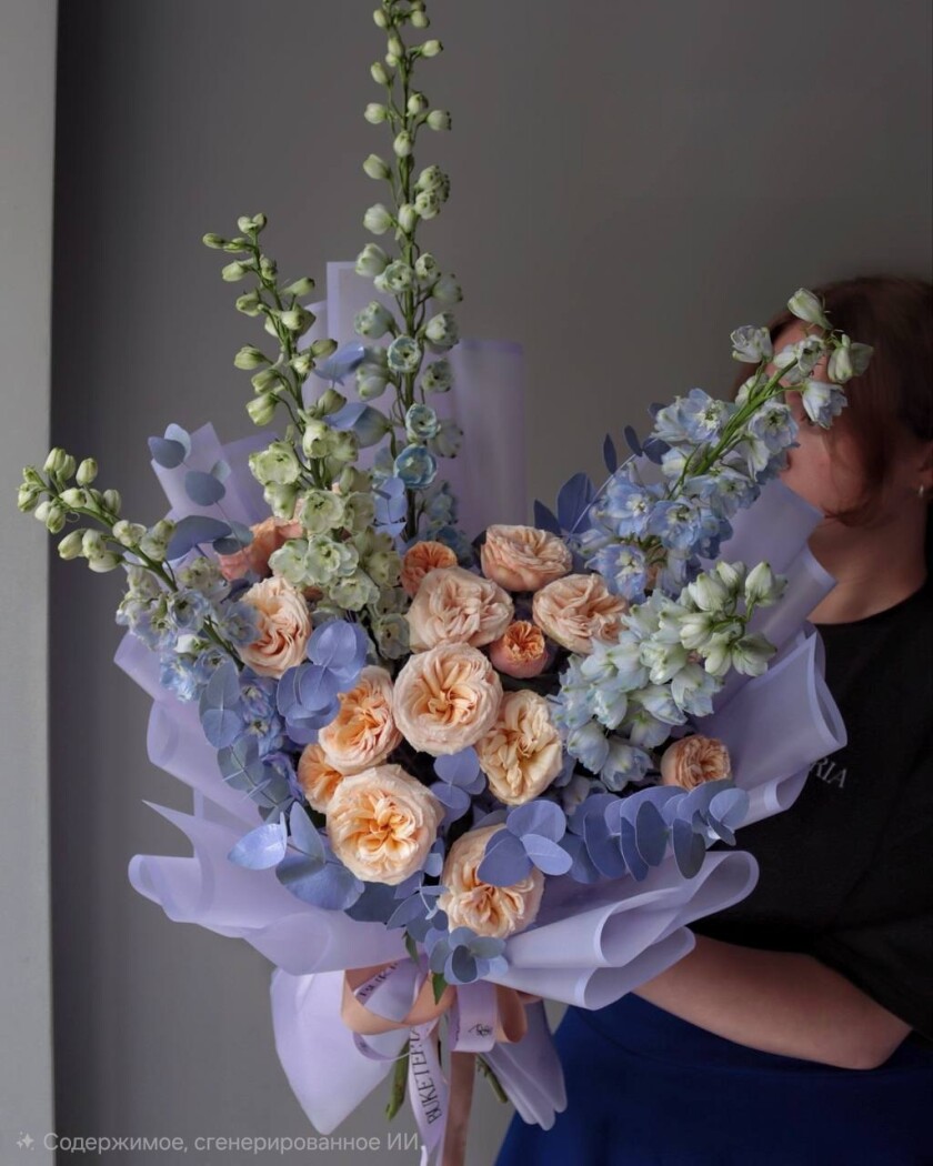 Light blue delphiniums with peach spray roses
