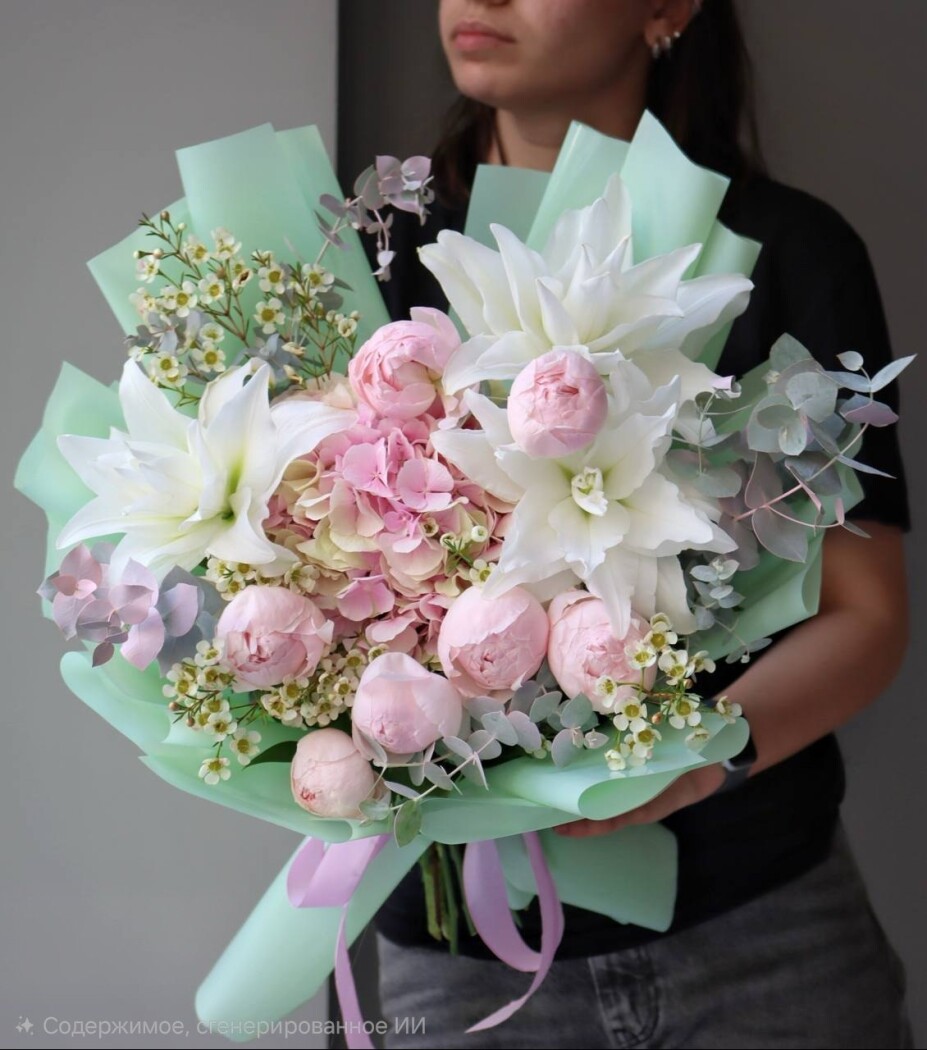 Light pink peonies with pink hydrangeas and white oriental lilies