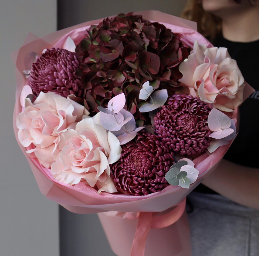 Blush garden roses with burgundy hydrangea and purple chrysanthemums
