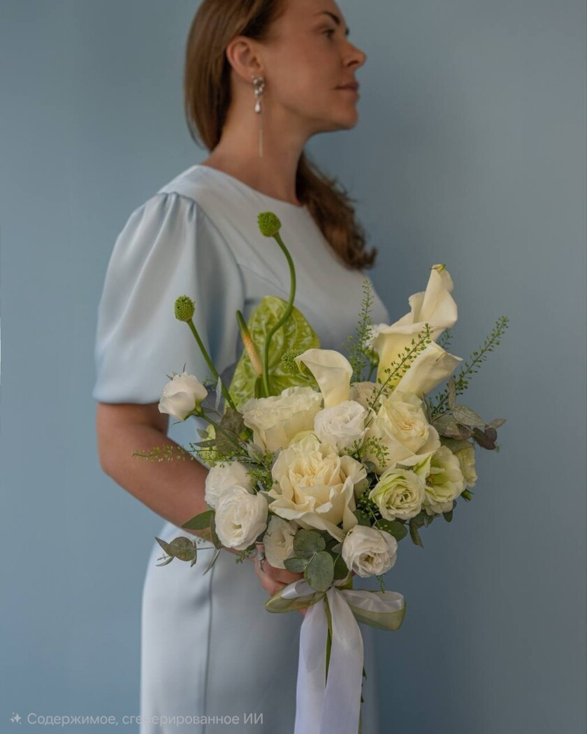Three white callas with five garden roses and five lisianthus