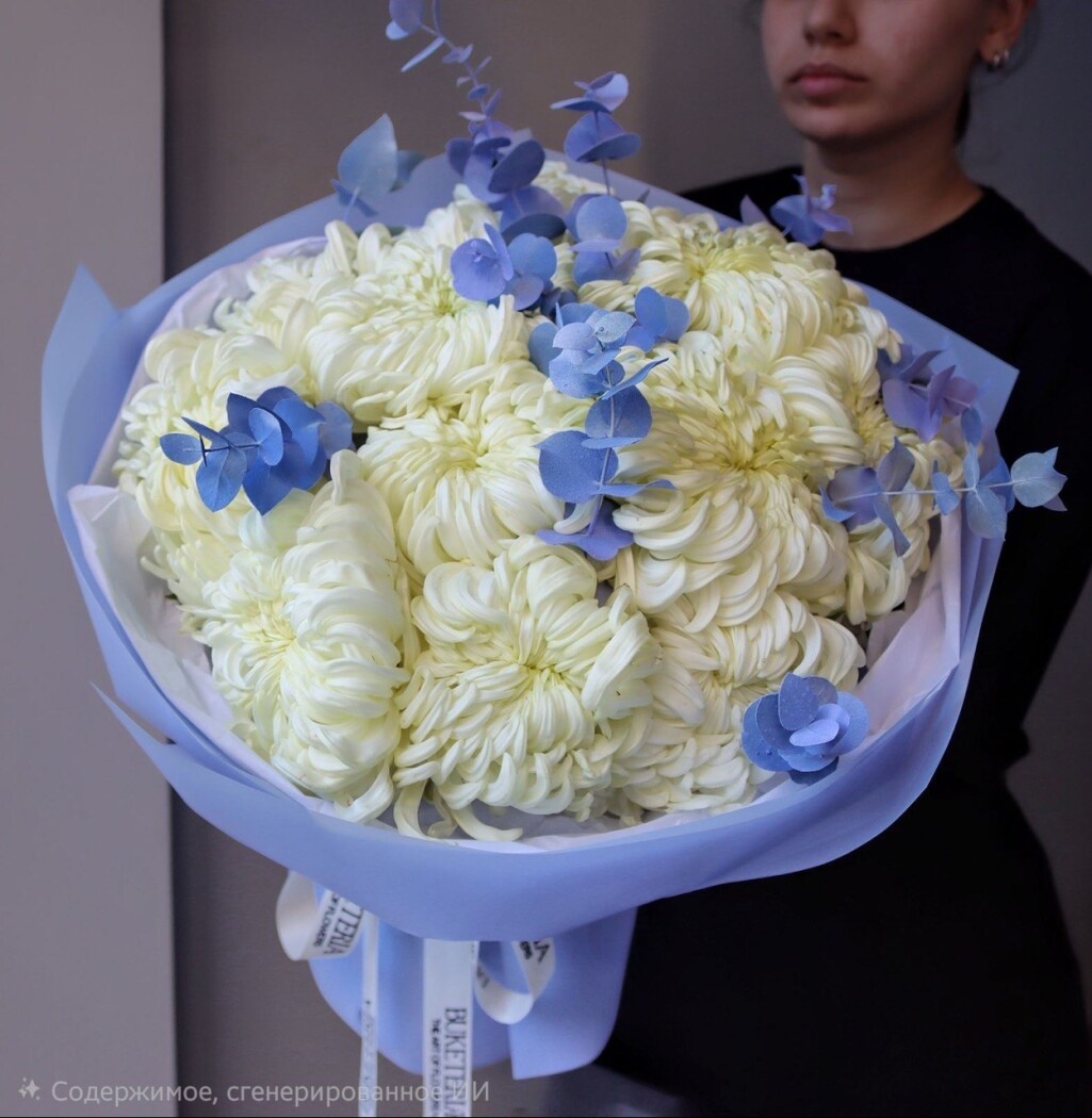 Cream pompon chrysanthemums with baby blue eucalyptus