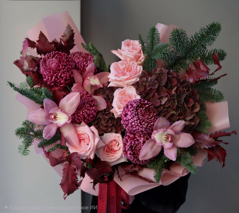 Four hydrangeas with pink garden roses and burgundy chrysanthemums