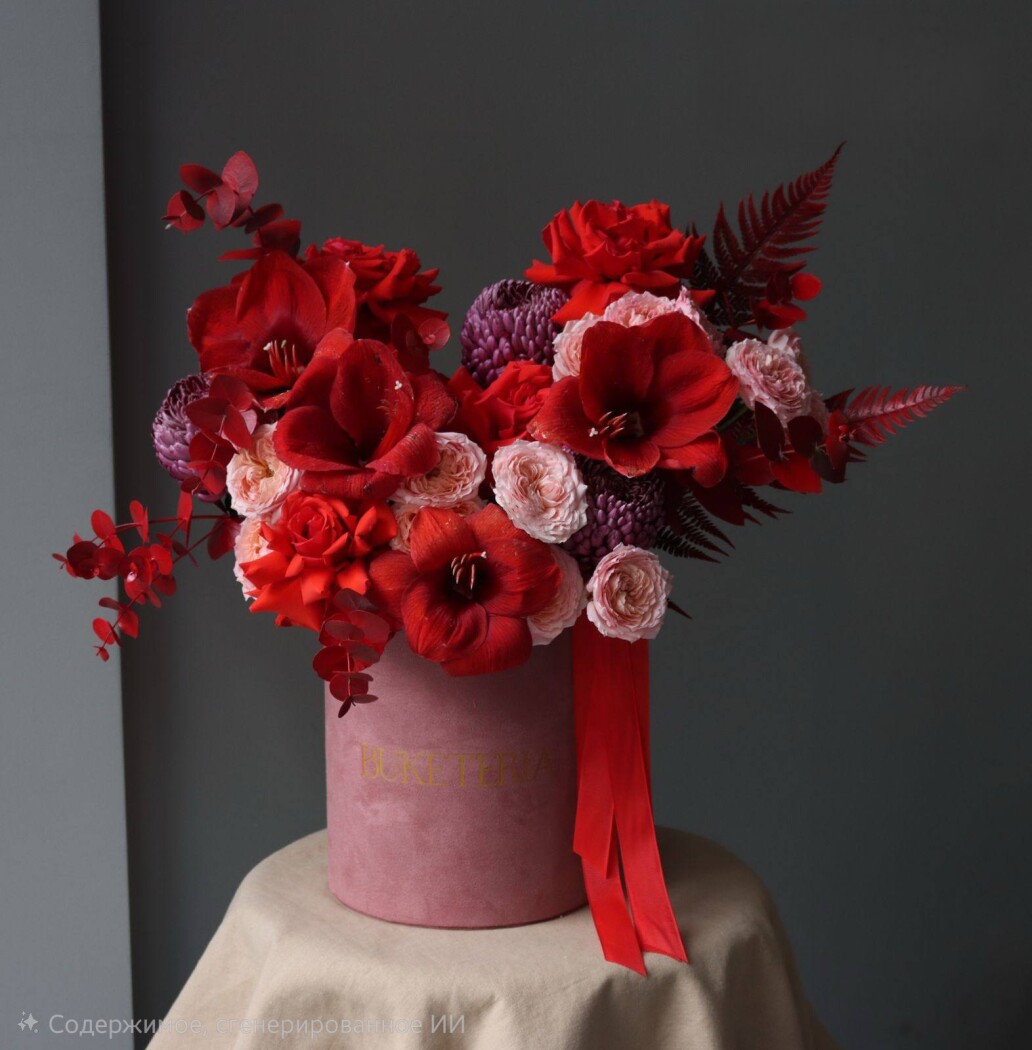 Red roses and amaryllis with purple chrysanthemums