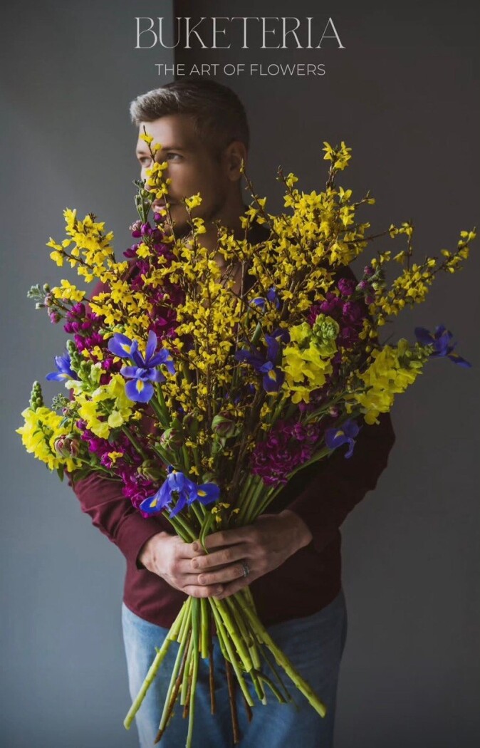 Yellow tulips with pink stock and purple snapdragons