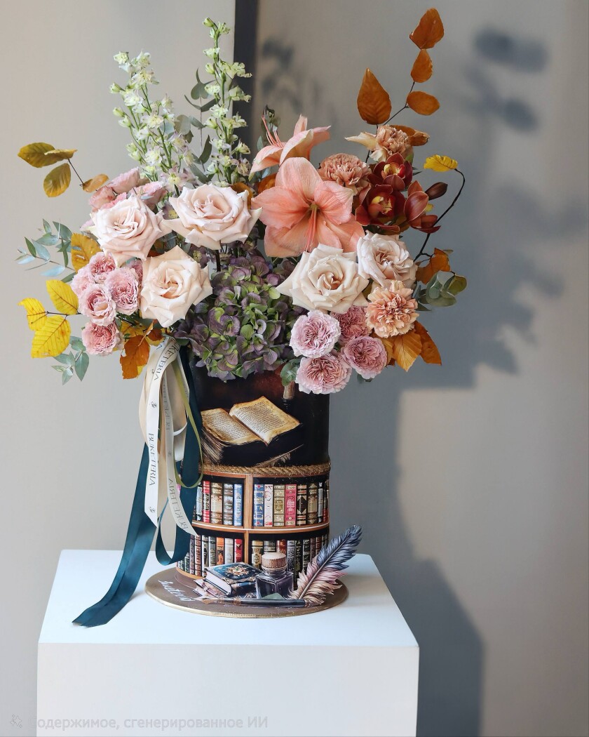Three white delphiniums with blush garden roses and hydrangeas