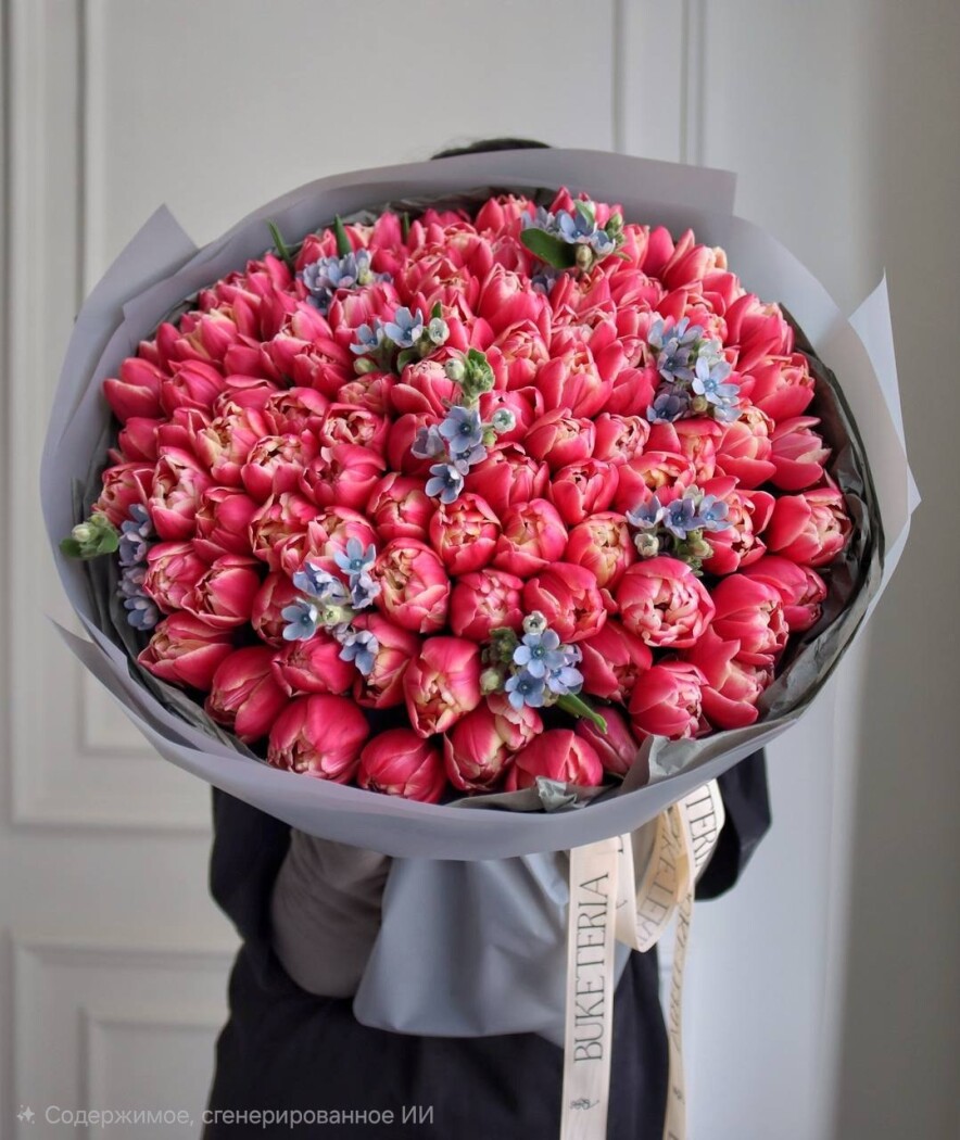 Hot pink tulips with light blue tweedia