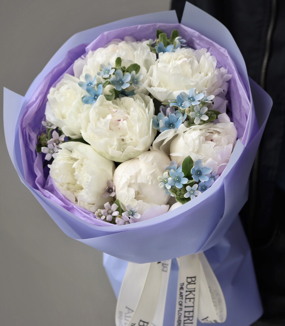 Spring bouquet of white peonies and blue tweedia