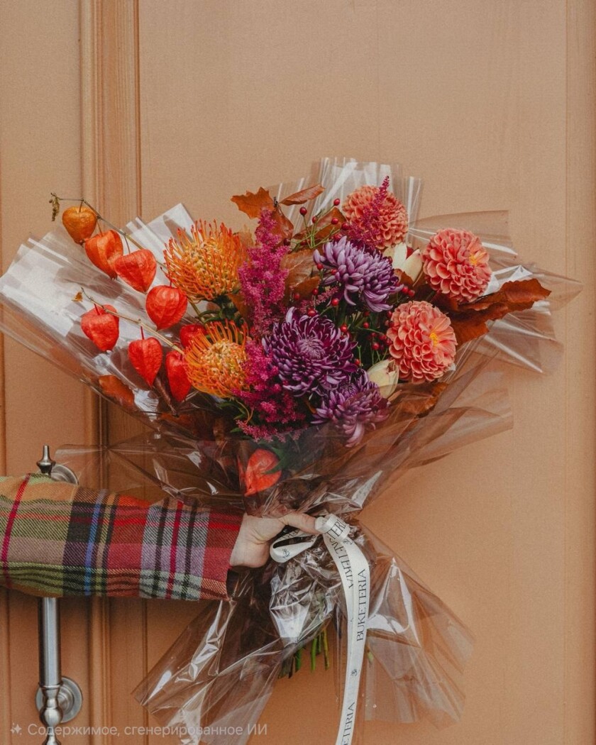 Orange physalis with peach dahlias and purple chrysanthemums
